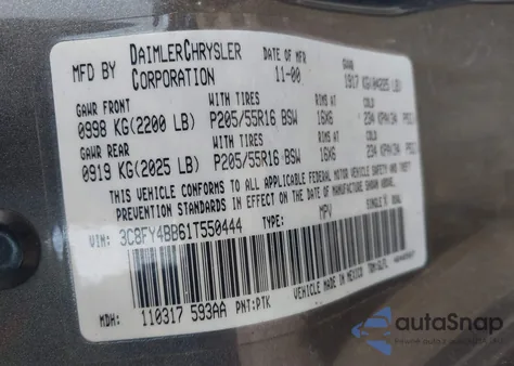 2001 Chrysler Pt Cruiser from USA, damaged, VIN 3C8FY4BB61T550444